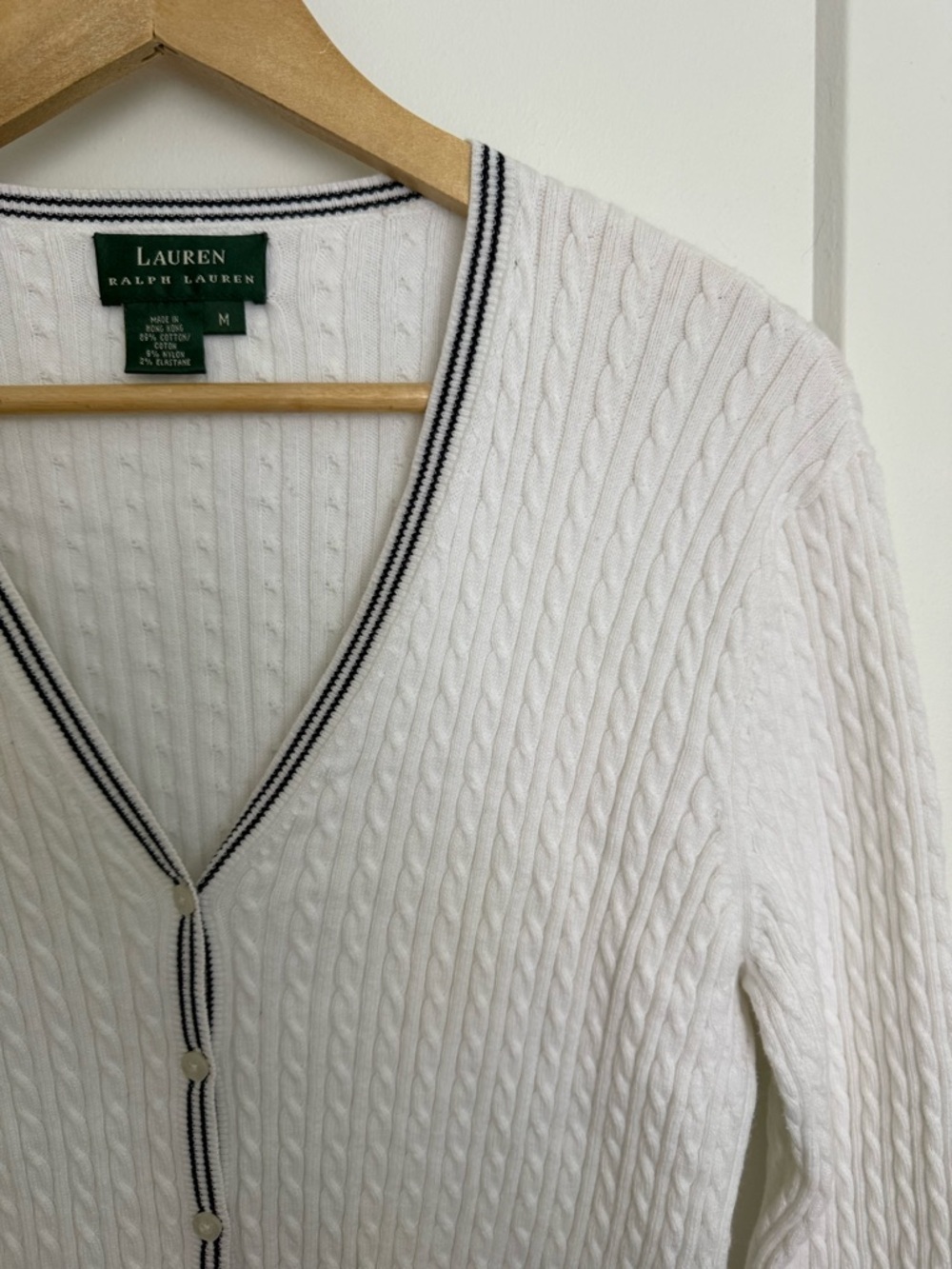 Vintage Lauren Ralph Lauren - Cable Knit Cardigan - Cream with Navy Trim - Picture 7 of 11